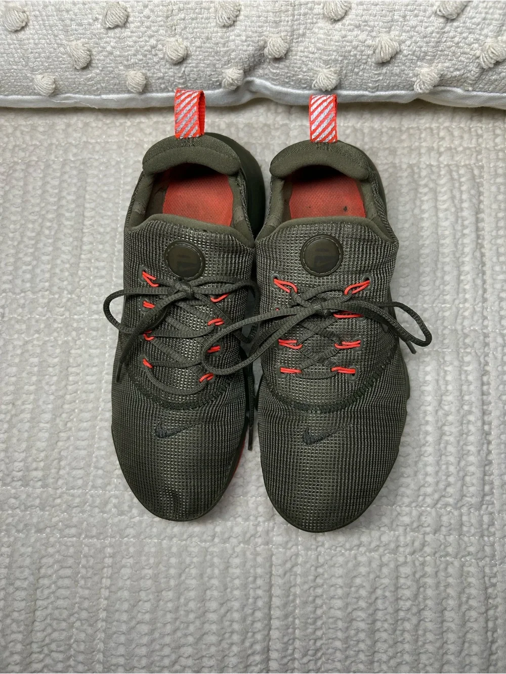Youth Size 5 Nike Olive Green Athletic Sneakers with Orange Accents